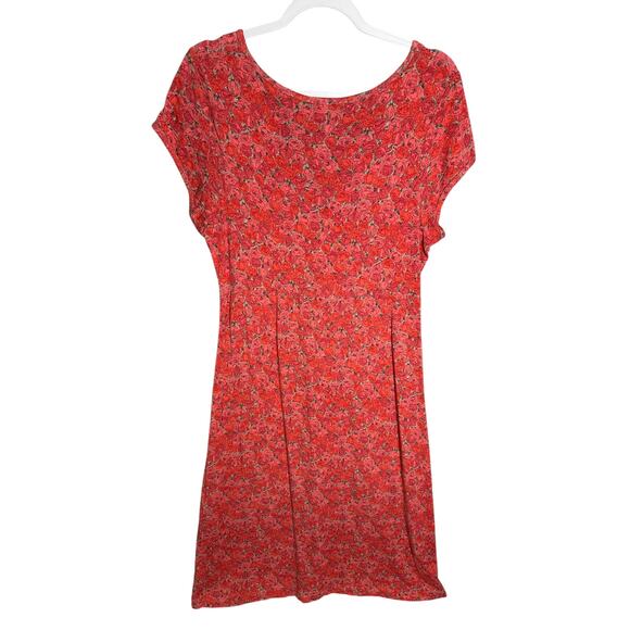 Garnet Hill Sz L Floral Rose Print V-Neck Dress Knee Length Cap Sleeve Cottage - Picture 2 of 11